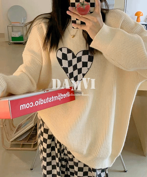 러블리빈티지 체커보드 루즈핏 체스 루즈핏 겨울 긴팔 니트 스웨터