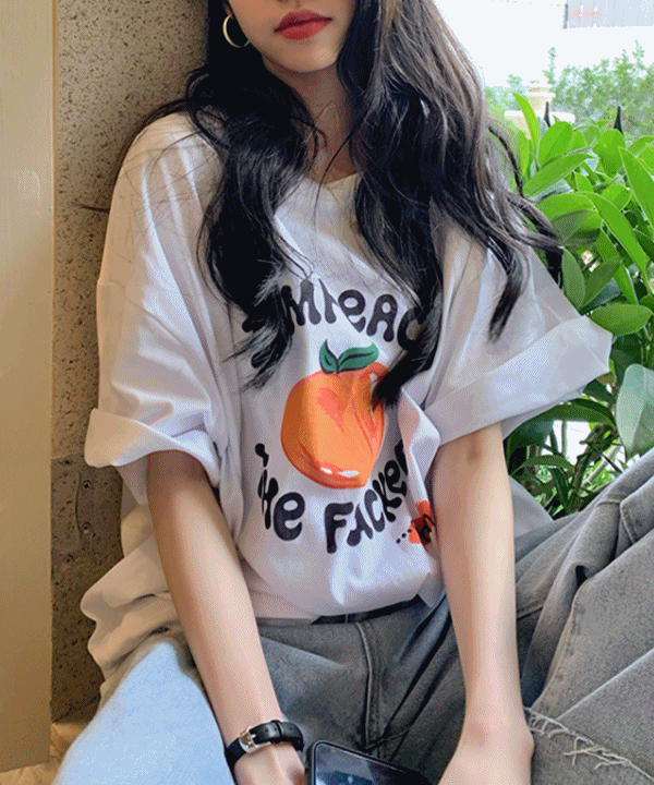 과즙미 과일 영문레터링 티셔츠 기본 데일리 캐주얼 루즈핏 오버핏 화이트 반팔 티셔츠